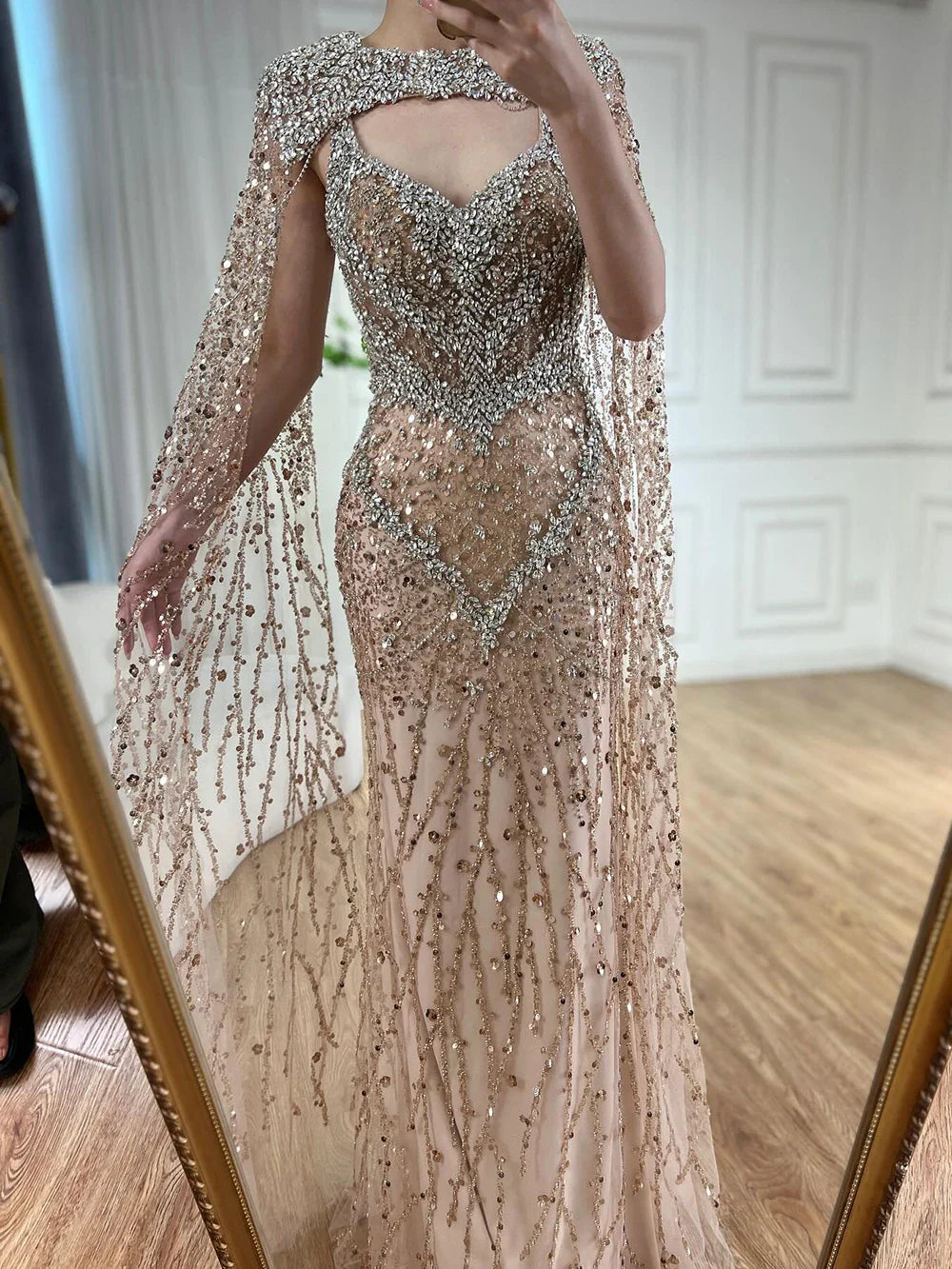 Luxury Designer Nude Beaded Crystal Evening Dress with Detachable Cape Sleeves LA72539
