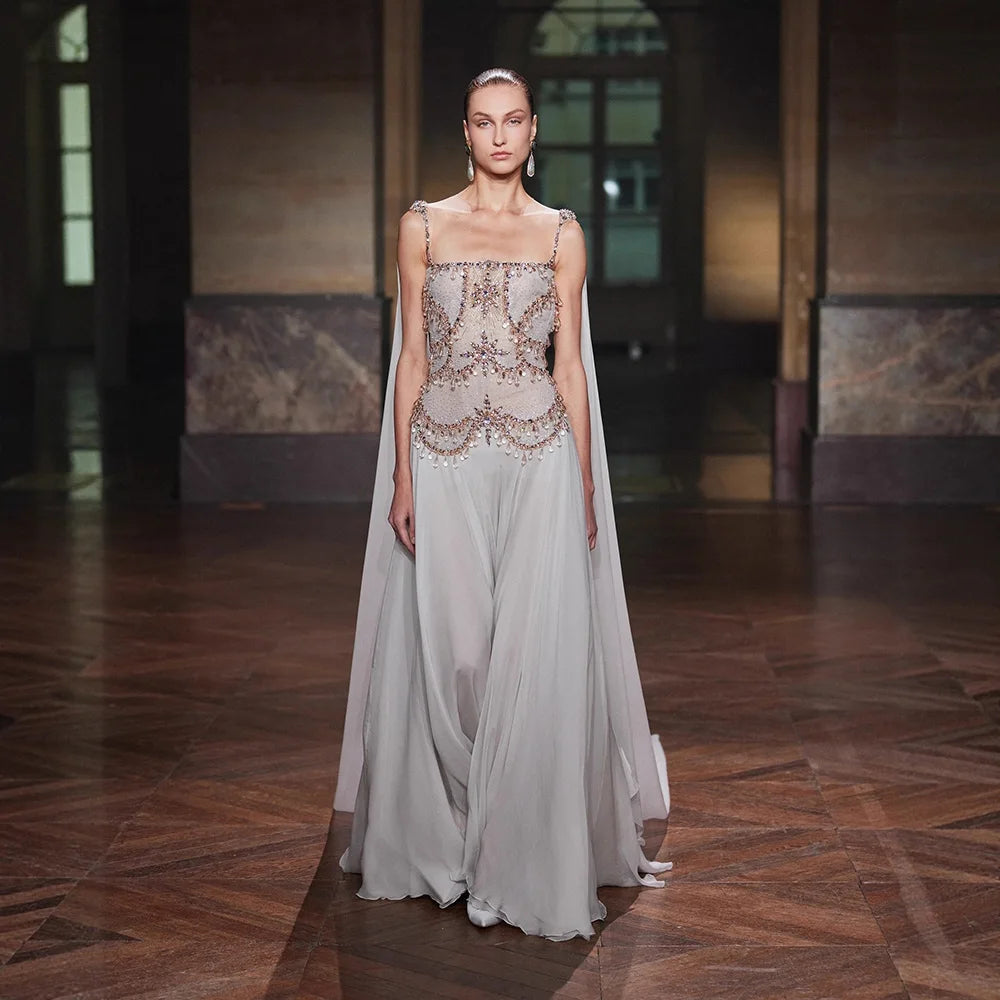 Luxury White Chiffon Cape Evening Dress with Beaded Bodice LA73123