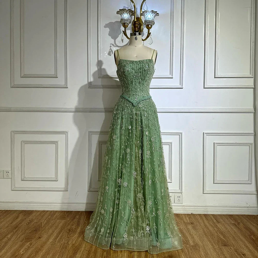 Luxury Sage Green Beaded A-Line Spaghetti Strap Evening Dress LA72805