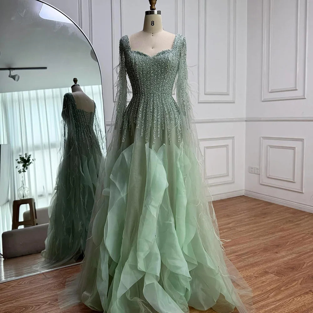 Luxury Sage Green A lina Evening Dress With Cape LA72984
