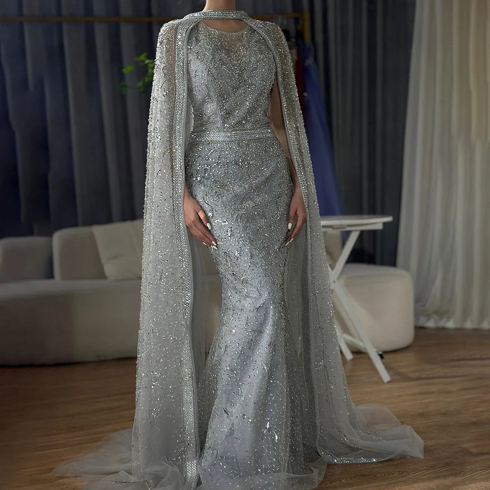 Luxury Gray Arabic Mermaid Evening Dress with Cape LA72180