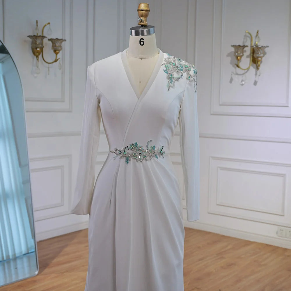 Elegant White Floral Beaded Evening Dress with Slit LA73030