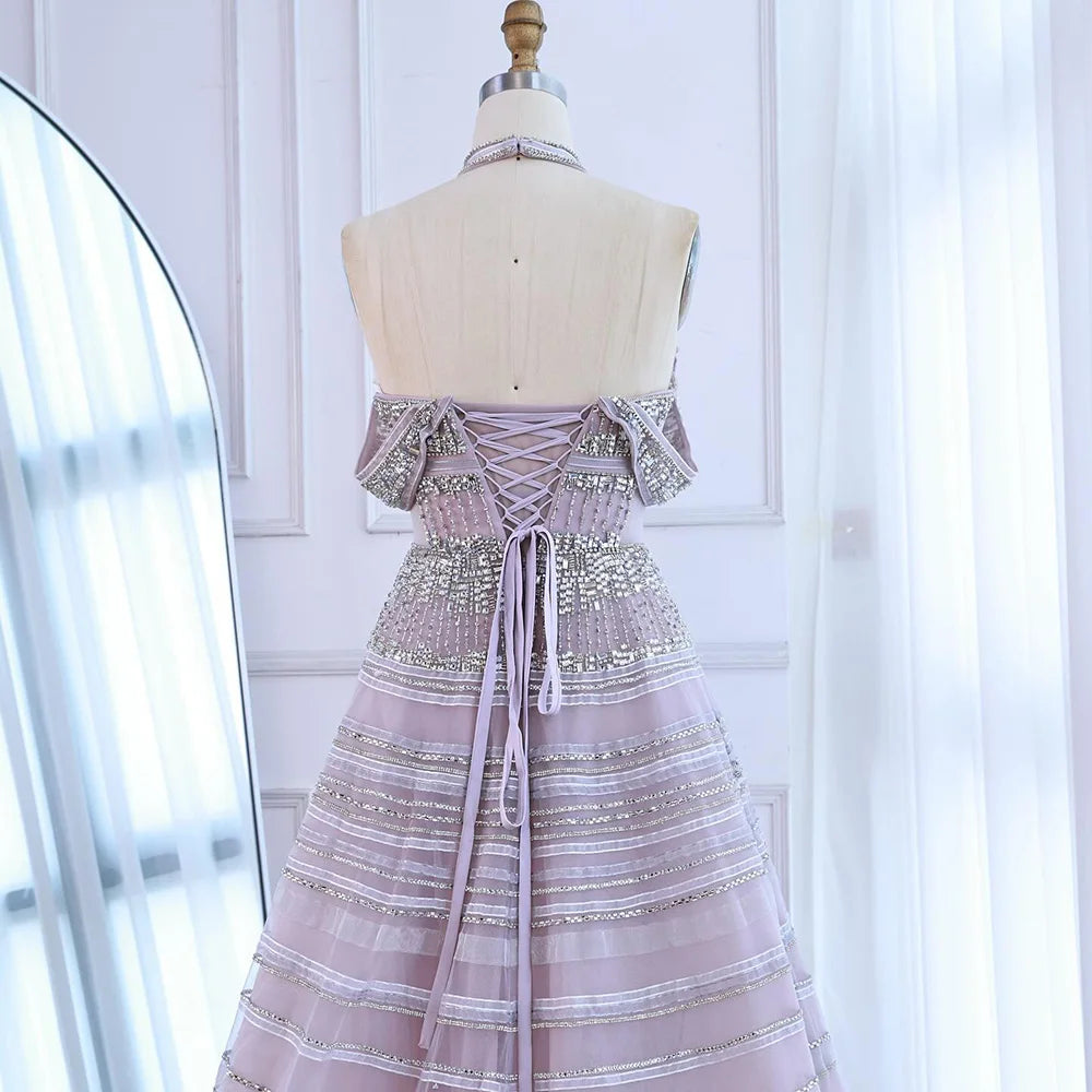 Luxury Pink Off Shoulder A-Line Beaded Evening Dress LA73079