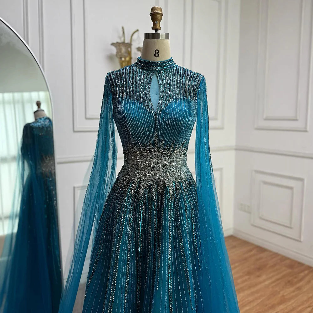 Luxury Modest Blue Beaded Evening Dress with Cape LA73059