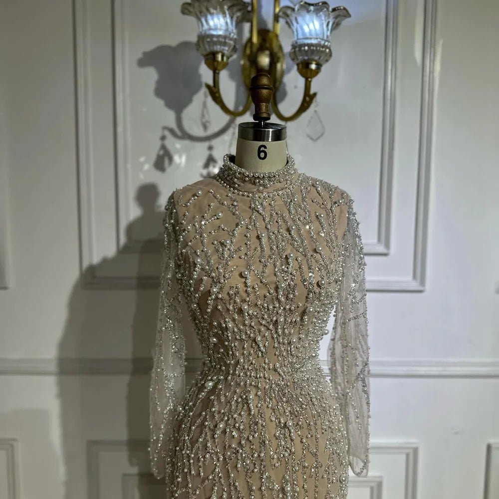 Luxury Dubai Saudi Arabic Luxury Pearls Beaded Nude Mermaid Evening Gown for Formal Occasion LA72345A