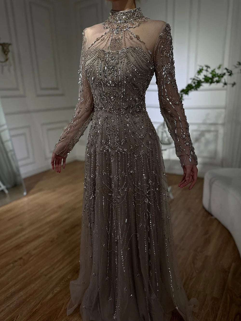 Modest A-Line Blue Lace Beaded Evening Gown LA72704