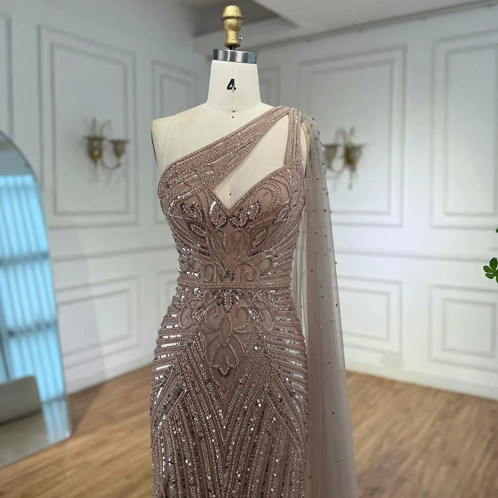 Luxury Caramel Beaded Mermaid Evening Dress with One Shoulder Cape LA73085