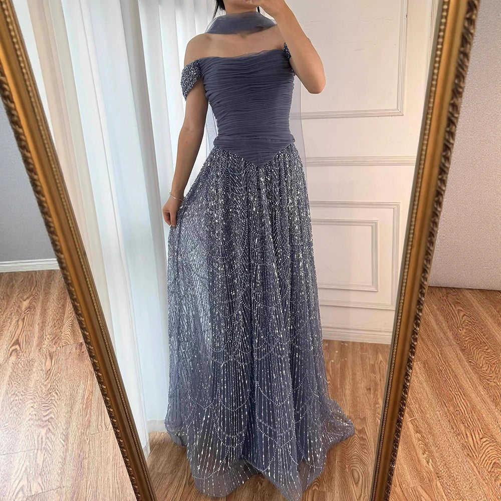 Luxury Arabic Pink Pearls Beaded Evening Dress With Cape LA72922