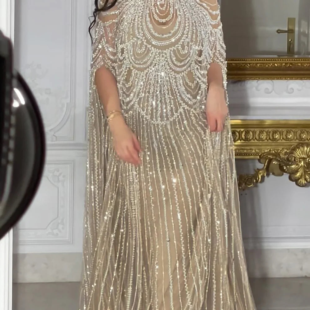 Luxury Silver Nude Beaded Mermaid Evening Dress with Cape LA72484A
