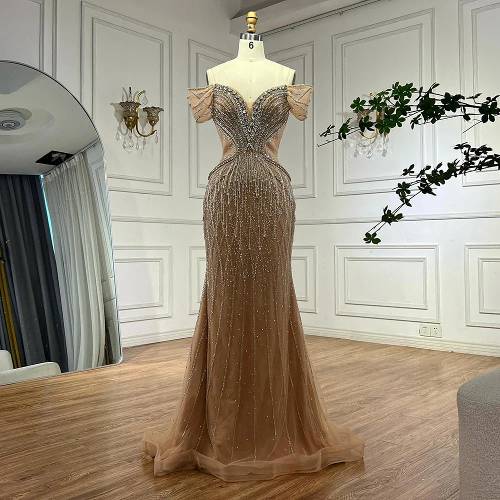 Saudi Arabic Off Shoulder Nude Beaded Tulle Mermaid Evening Gown LA72854