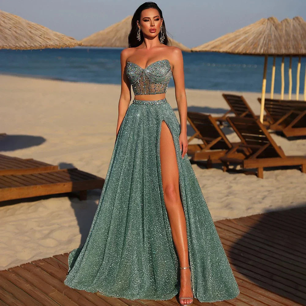 Luxury Dubai Customize Saudi Turquoise Two-Piece Evening Dress with High Split for Formal Occasion LA72786