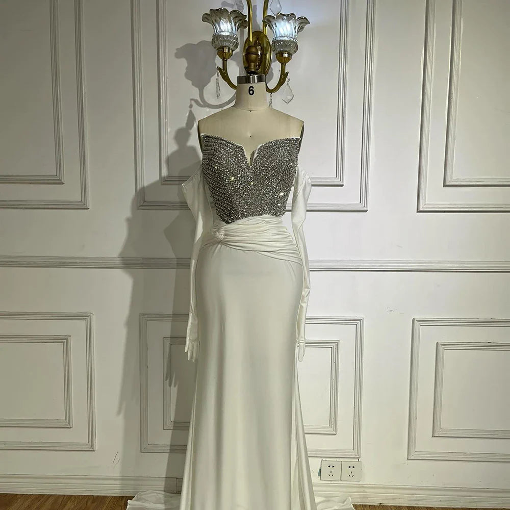 Luxury Dubai Elegant White Arabic Evening Gown with Crystal Beaded Dress and Gloves for Formal Occasion LA72758