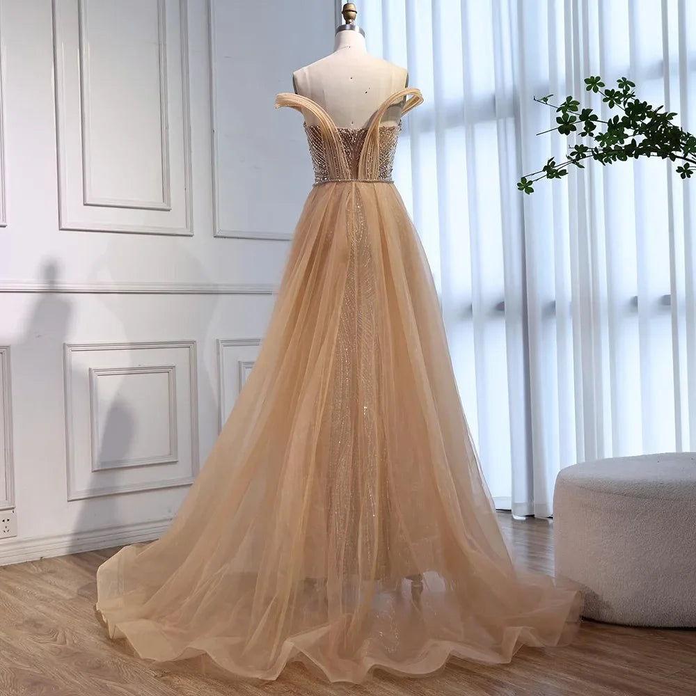 Luxury Nude Mermaid Off Shoulder Beaded Evening Dress with Overskirt LA73131