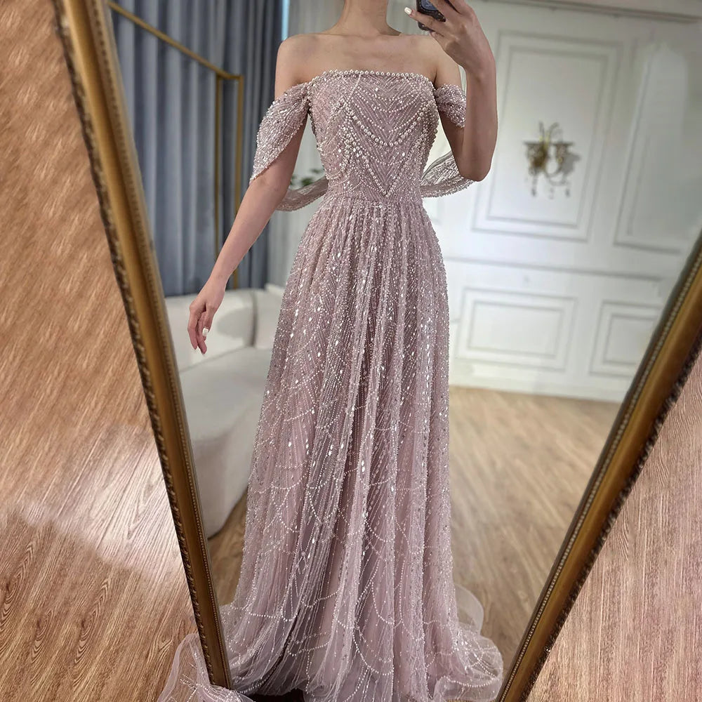 Luxury Beaded Champagne Off-Shoulder Evening Dress LA72738