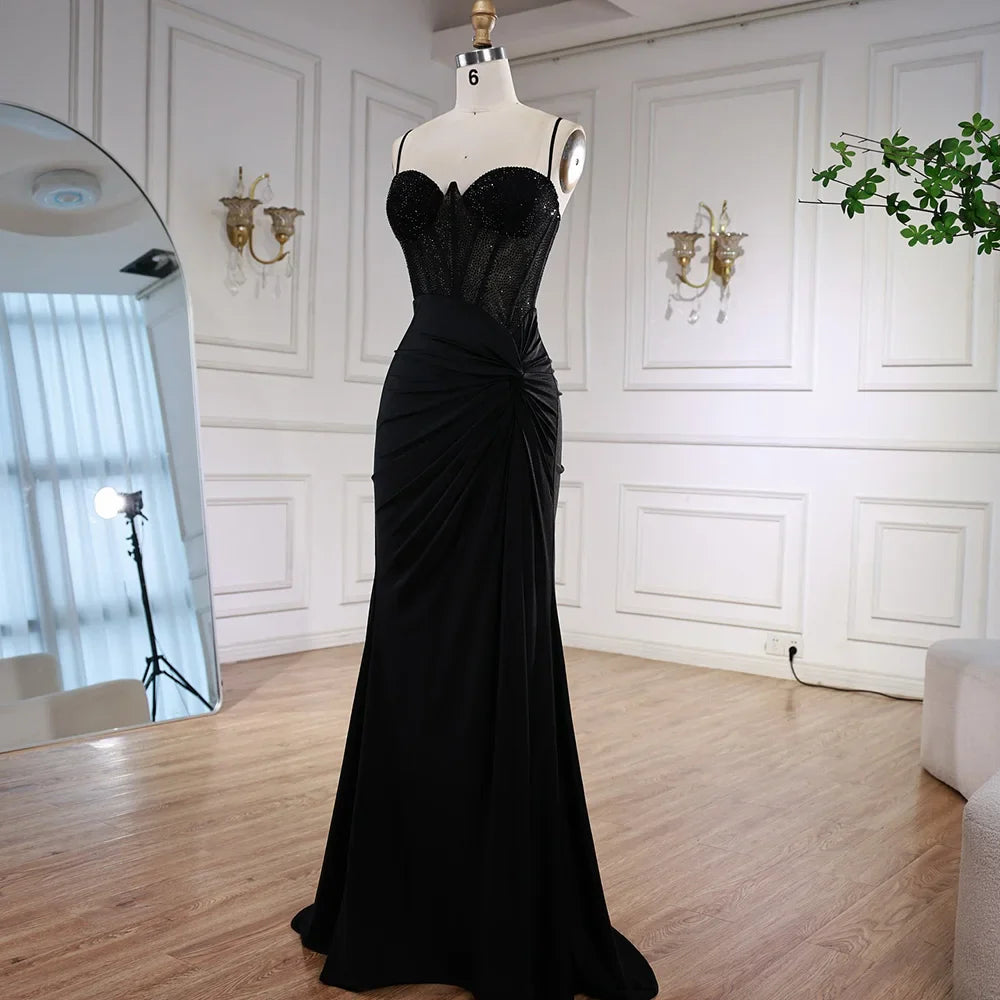 Black Beaded Classy Prom Dress with Spaghetti Straps LA73039
