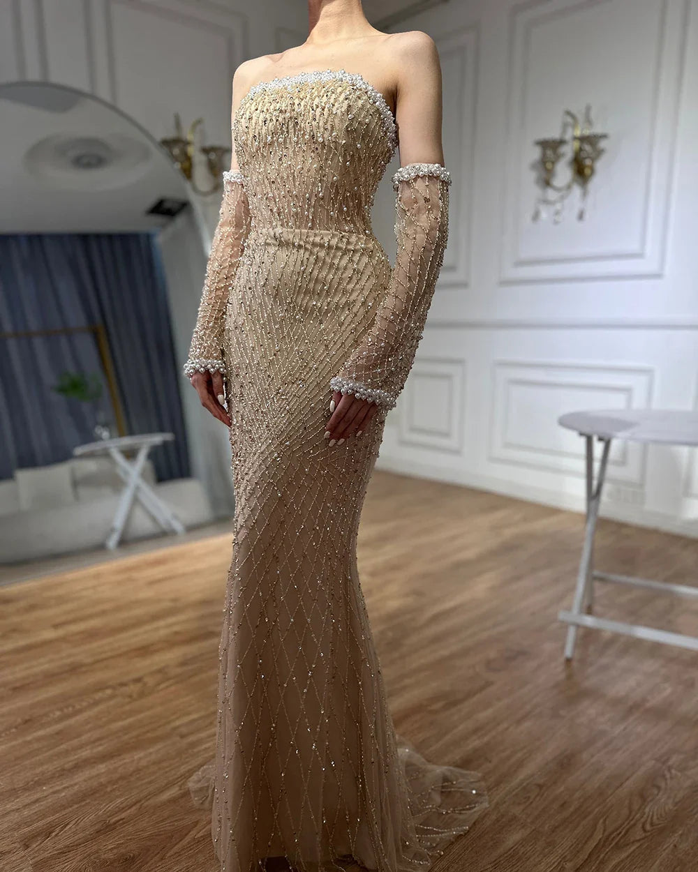 Dubai Elegant White Nude Beaded Evening Dress with Gloves LA72649