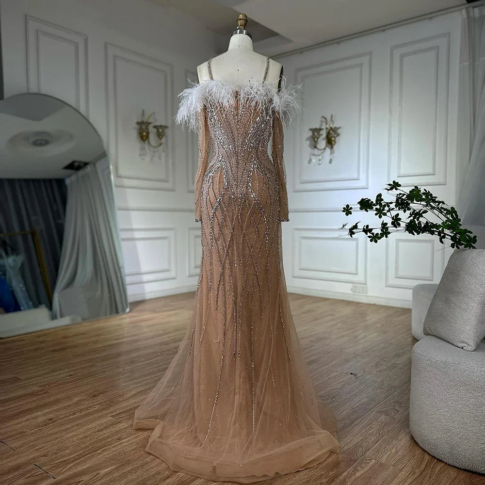 Luxury Dubai Blue Feather Beaded Luxury Mermaid Evening Dresses Gowns for Women Formal Occasion LA72836