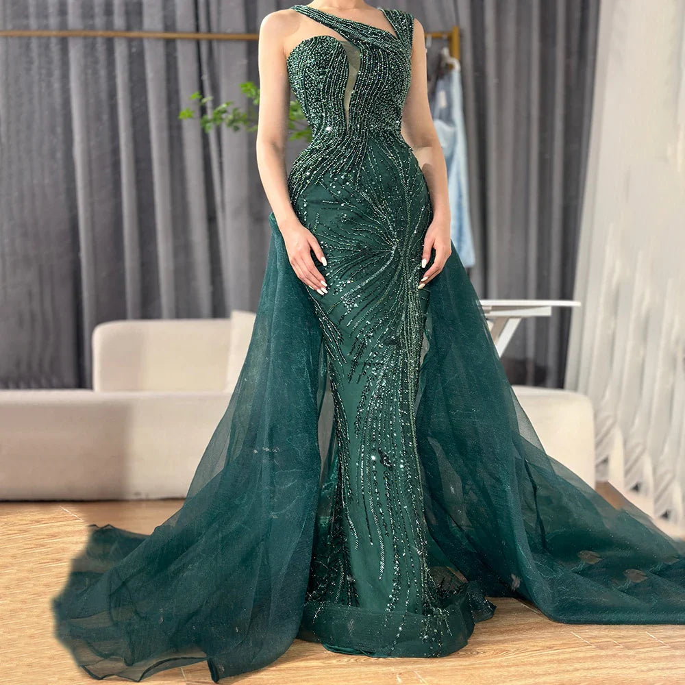 Luxury Dubai Nude Mermaid Green Evening Gown with Elegant One Shoulder Overskirt for Formal Occasion LA72031A