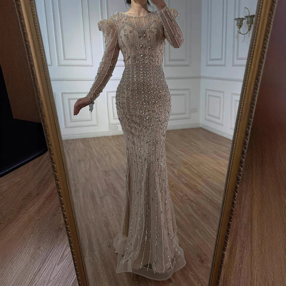Luxury Dubai Pink Elegant Pearls Beaded Mermaid Evening Dress LA72826