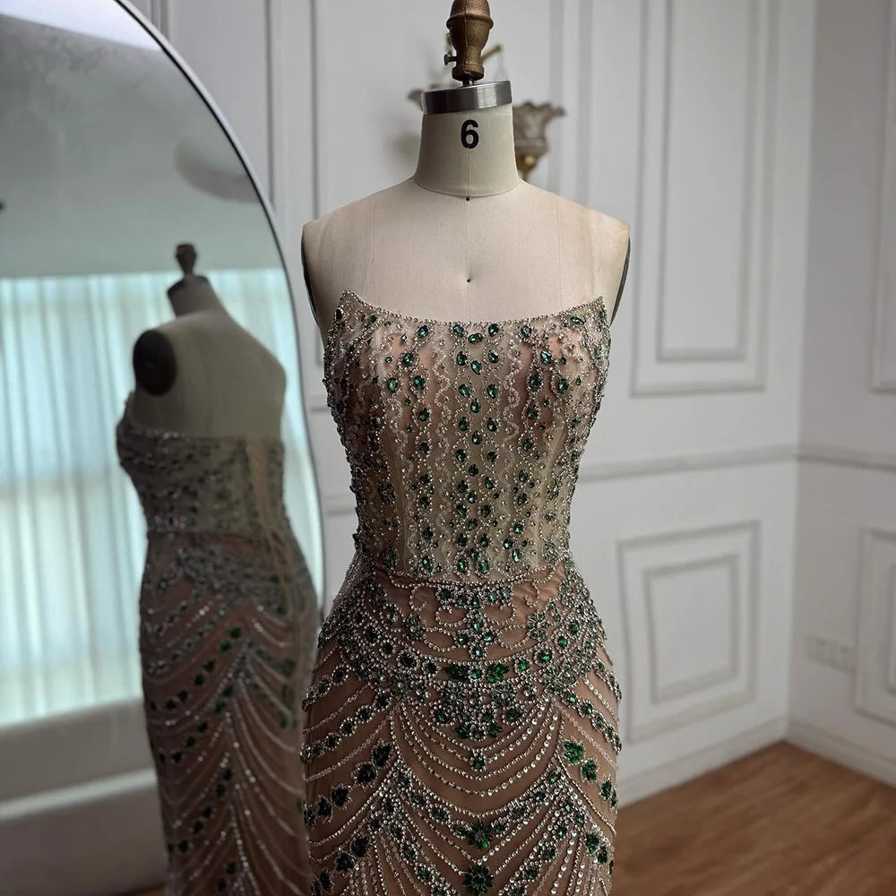 Luxury Green Beaded Saudi Arabic Evening Gown for Formal Occasion LA72842