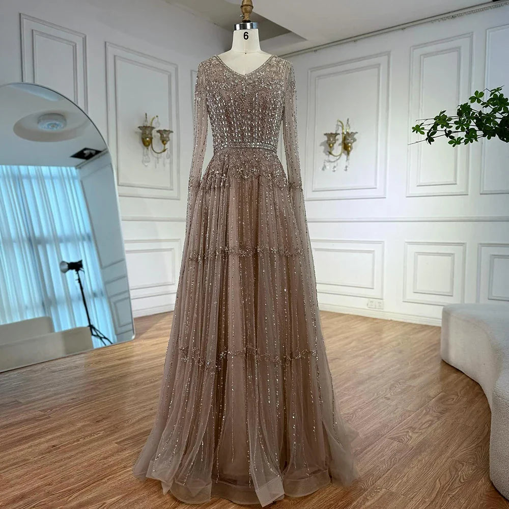 Elegant A-Line Beaded Evening Dress with Cape Sleeves LA73075