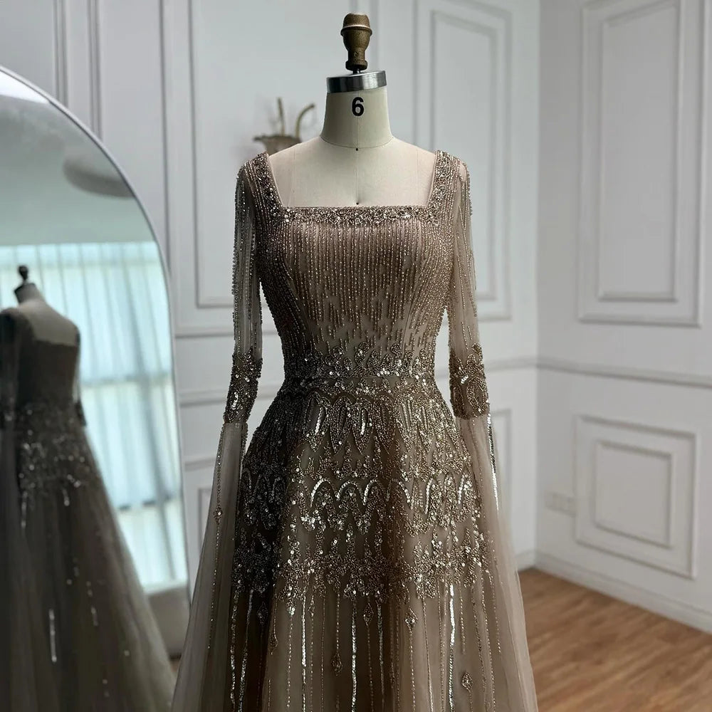 Luxury Green A-LineBeaded Evening Dress with Cape Sleeves LA73089