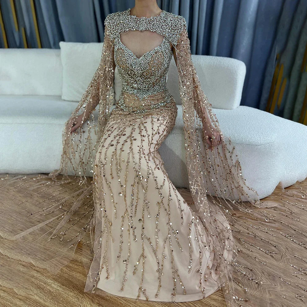Luxury Designer Nude Beaded Crystal Evening Dress with Detachable Cape Sleeves LA72539