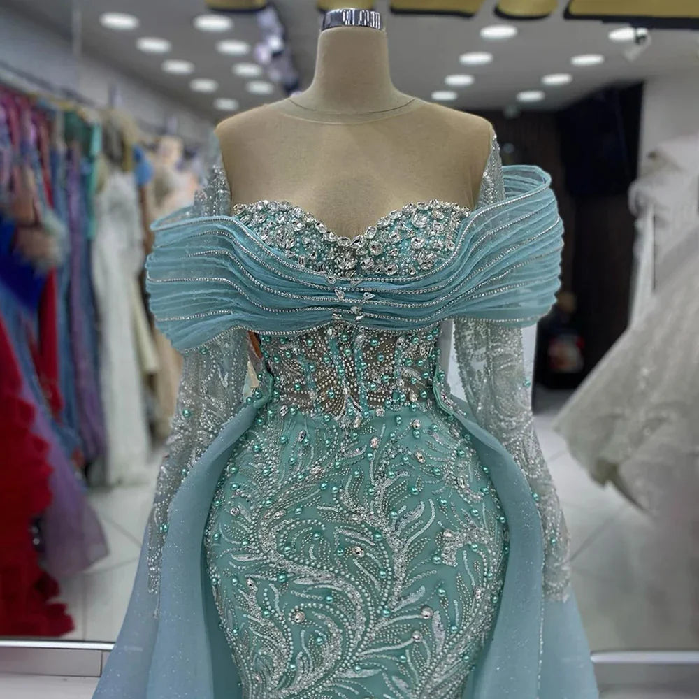 Luxury Blue Designer Evening Dress with Long Sleeves Overskirt LA72841