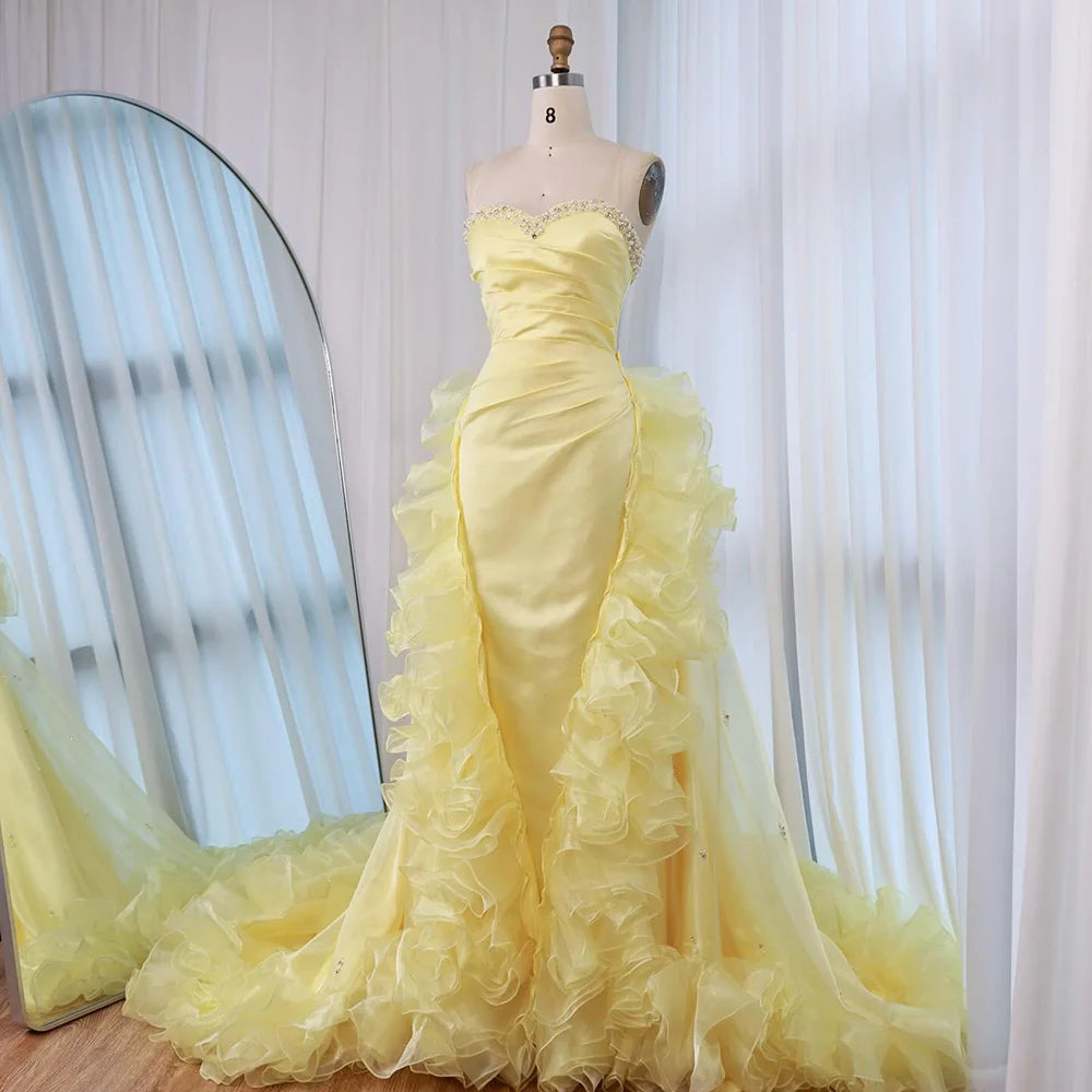 Luxury Dubai Evening Gown for Formal Occasion Elegant Yellow Dress with Ruffles and Beaded Details LA72889