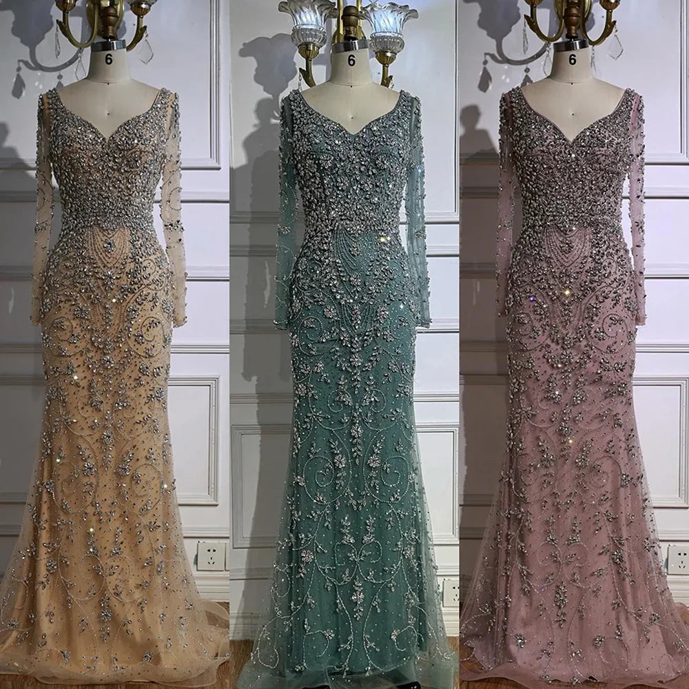 Luxury Nude Beaded Crystal Evening Dress with Long Sleeves LA73042