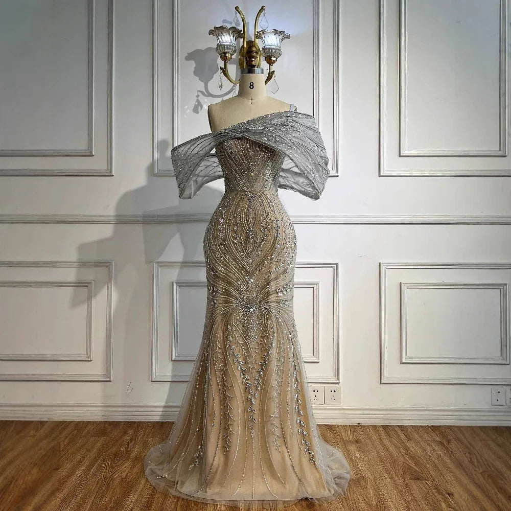 Luxury Silver Nude Off Shoulder Mermaid Evening Dress LA72878