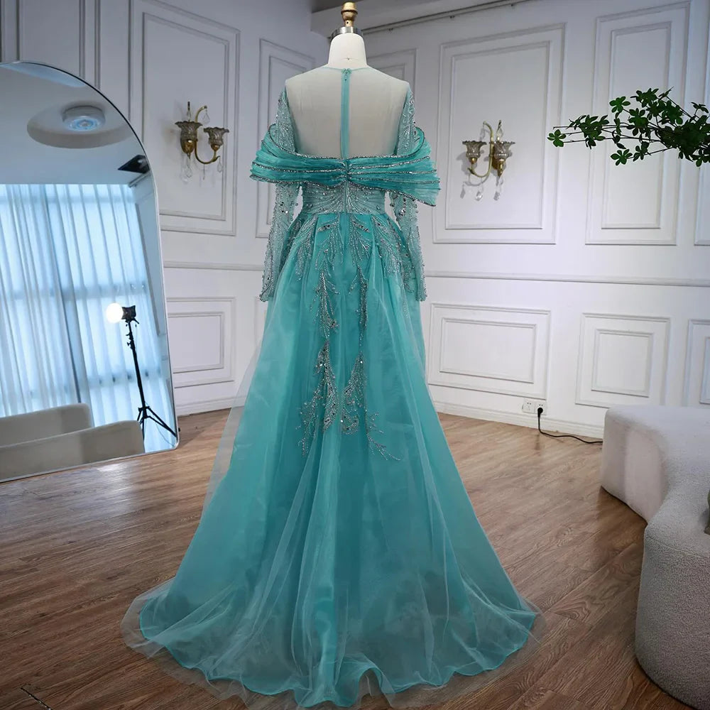 Luxury Blue Designer Evening Dress with Long Sleeves Overskirt LA72841