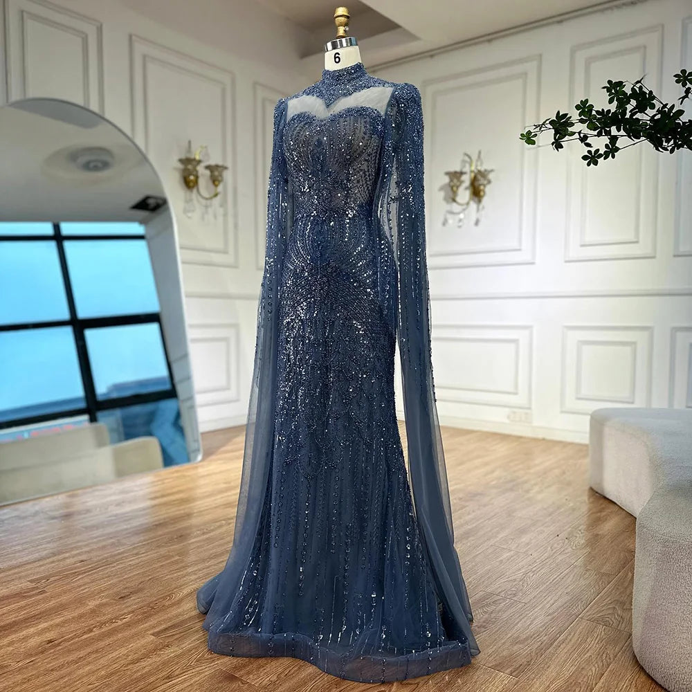 Modest Blue Mermaid Evening Dress with Cape LA73006