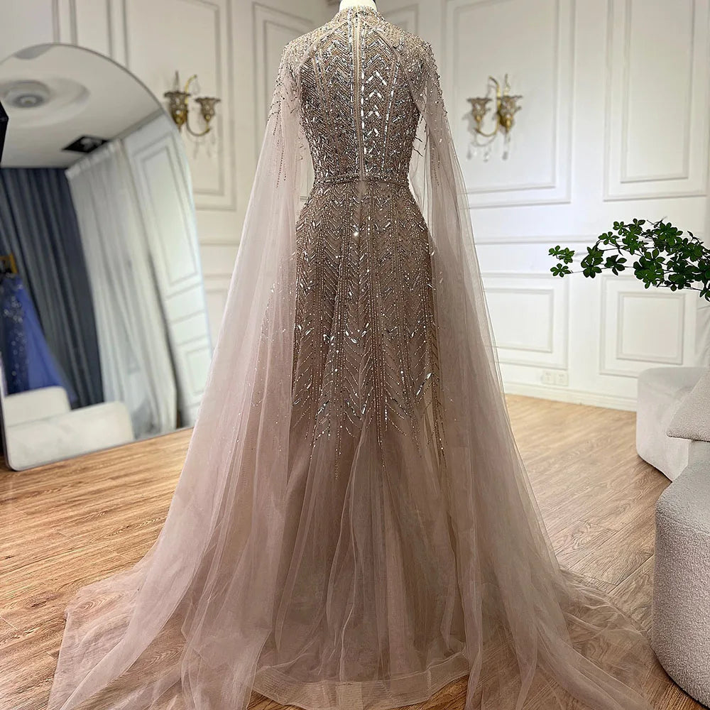 Luxury Beaded Design A-Line Blue Saudi Arabic Evening Dresses Gowns with Cape Sleeves for Formal Occasion LA72728