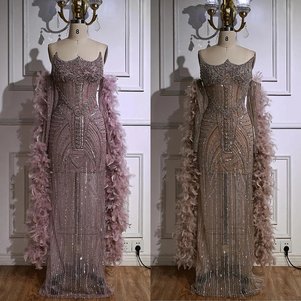 Luxury Caramel Beaded Evening Dress with Feather Sleeves LA73055