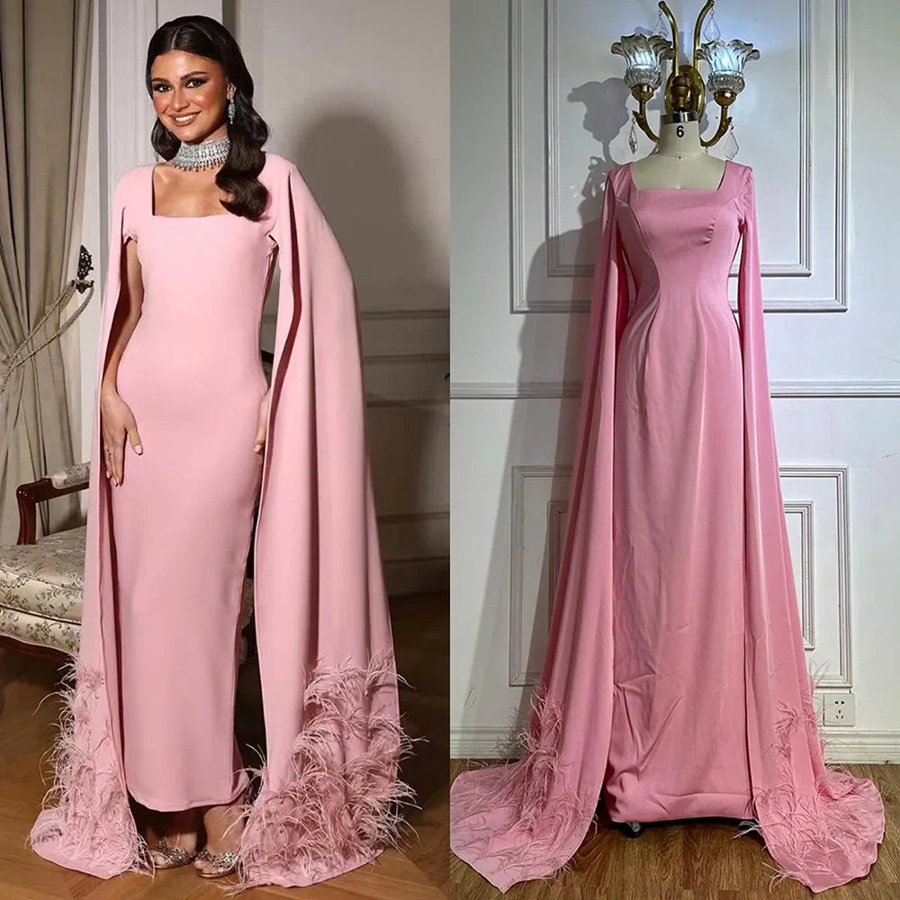 Luxury Arabic Pink Mermaid Evening Dress with Feather Cape LA72855
