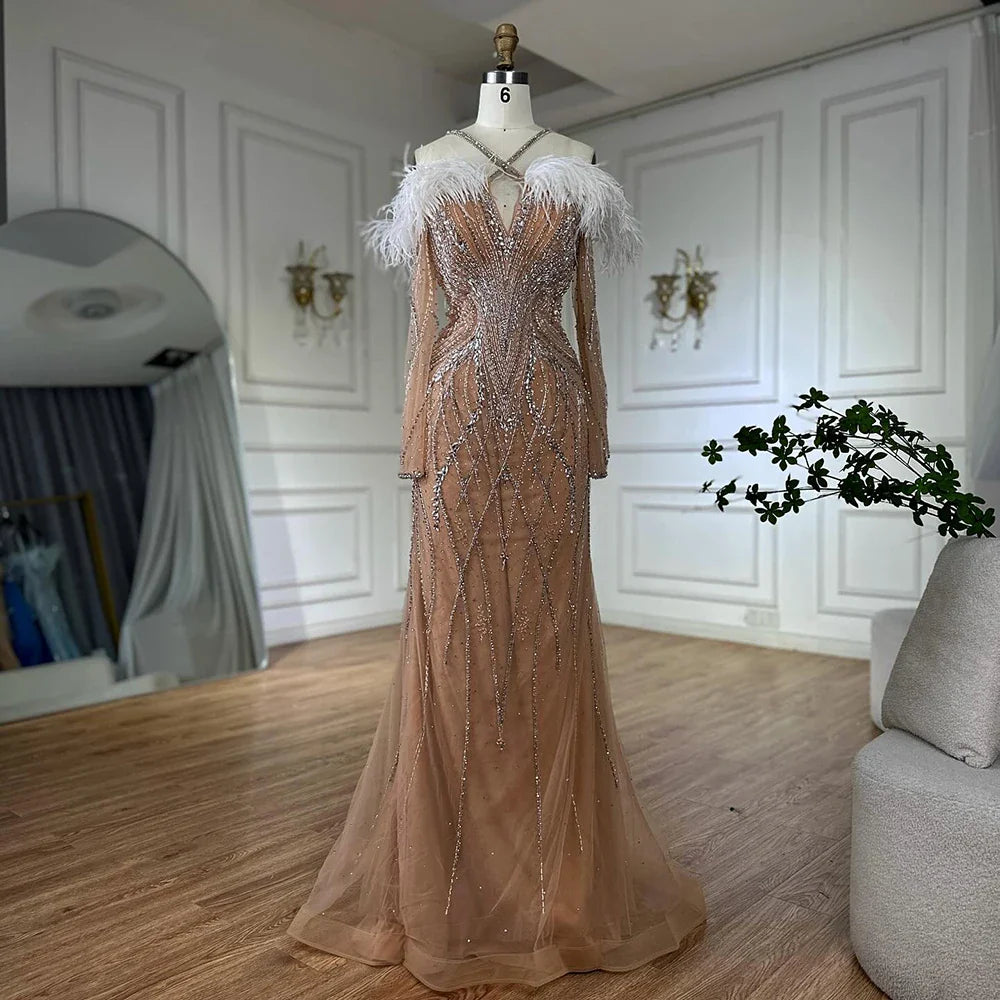 Luxury Dubai Blue Feather Beaded Luxury Mermaid Evening Dresses Gowns for Women Formal Occasion LA72836