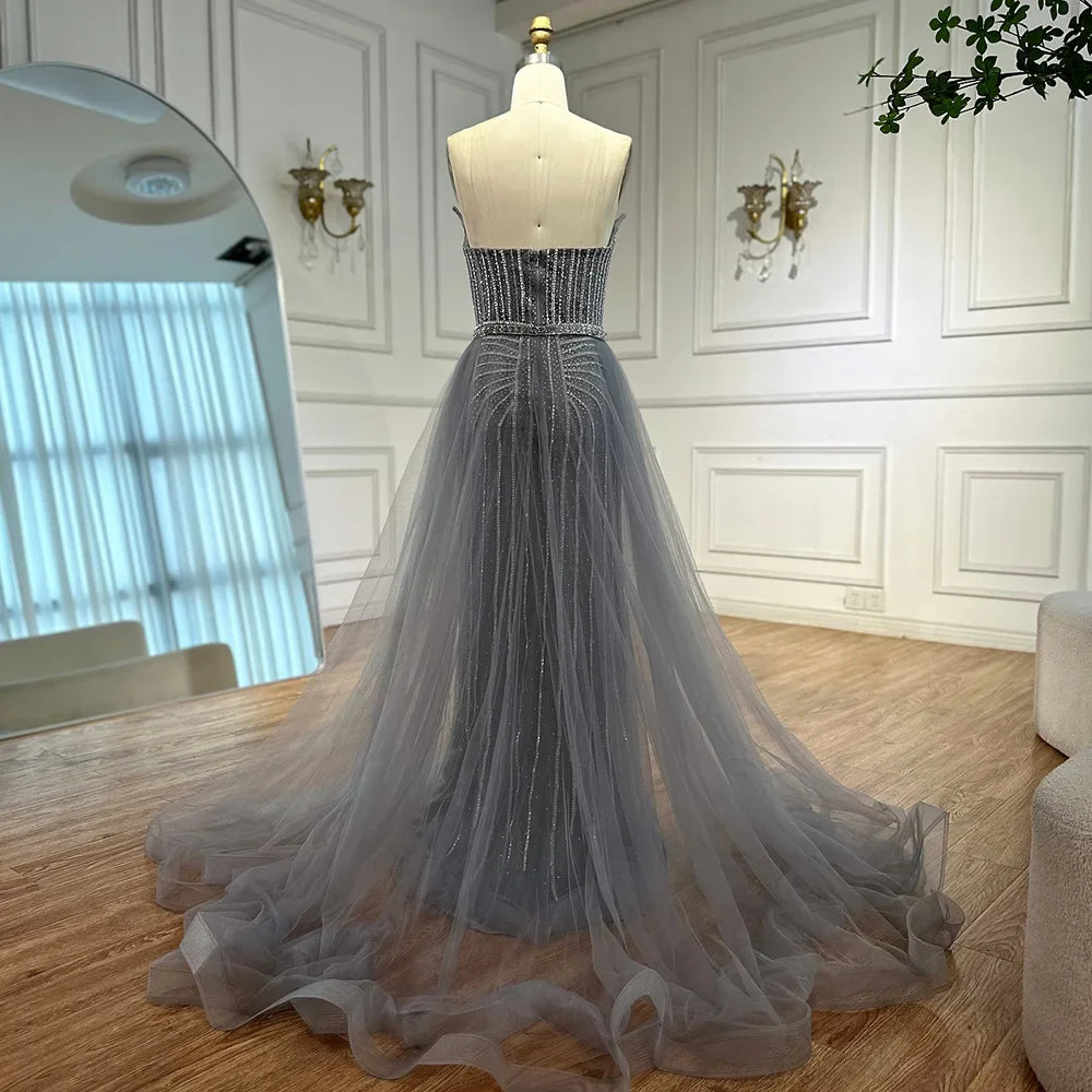 Strapless Pink Pearls Beaded Arabic Mermaid Evening Dress with Overskirt LA72811B