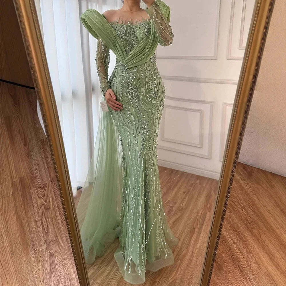 Elegant Sage Green Beaded Evening Dress with Flowing Hem LA72928