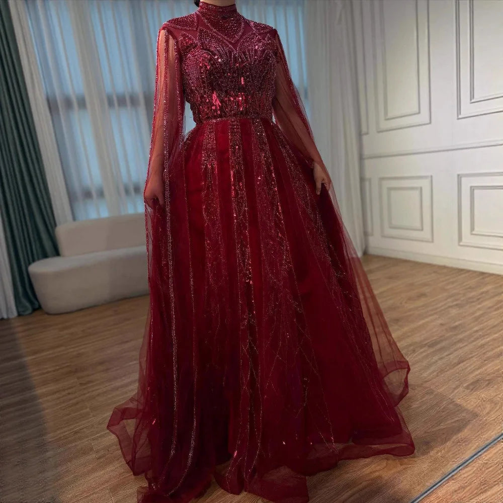 Luxury Brown Beaded Evening Gown with Cape Arabic Style LA72951