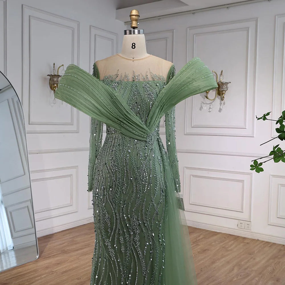 Elegant Sage Green Beaded Evening Dress with Flowing Hem LA72928