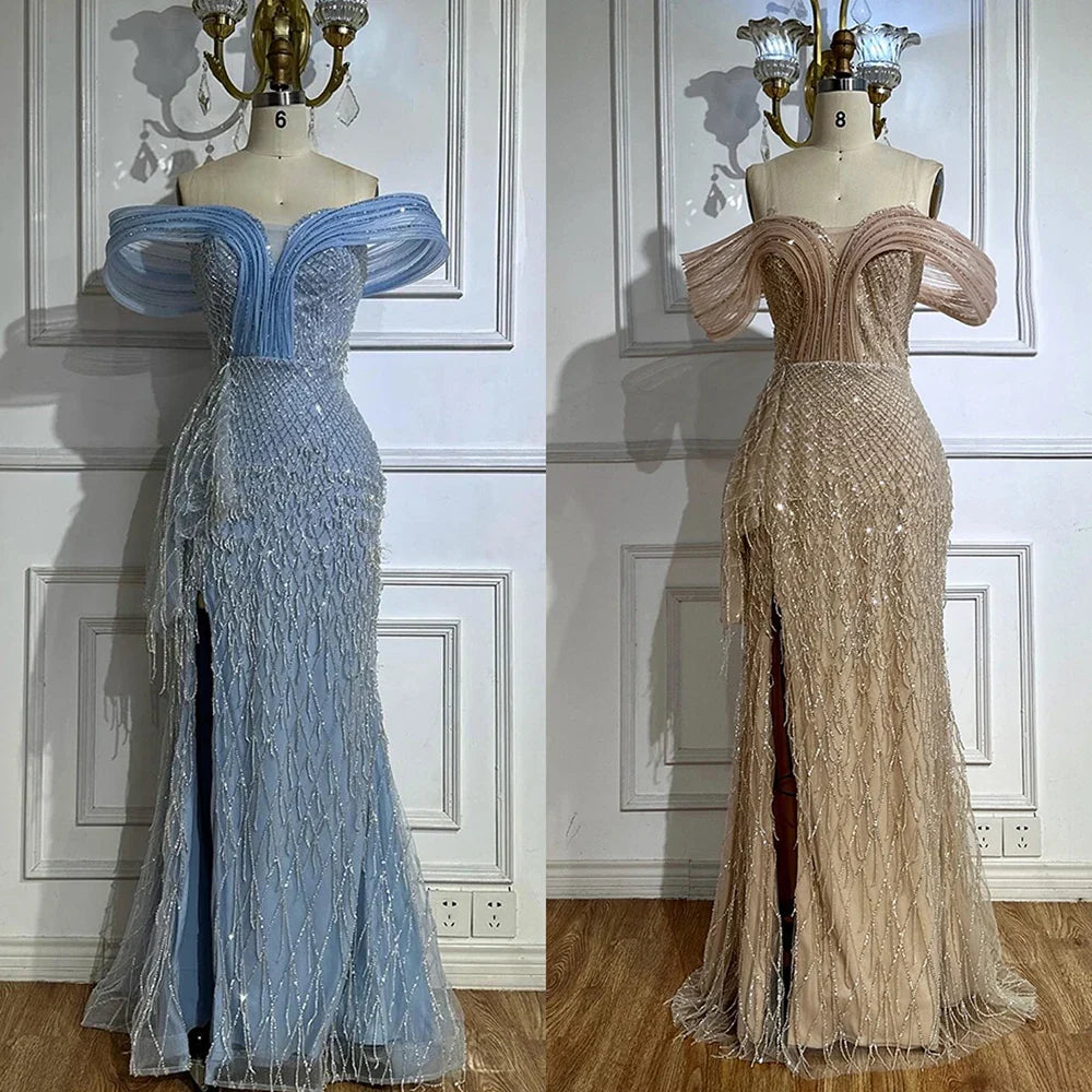 Luxury Blue Beaded Off-Shoulder Mermaid Evening Gown LA72867