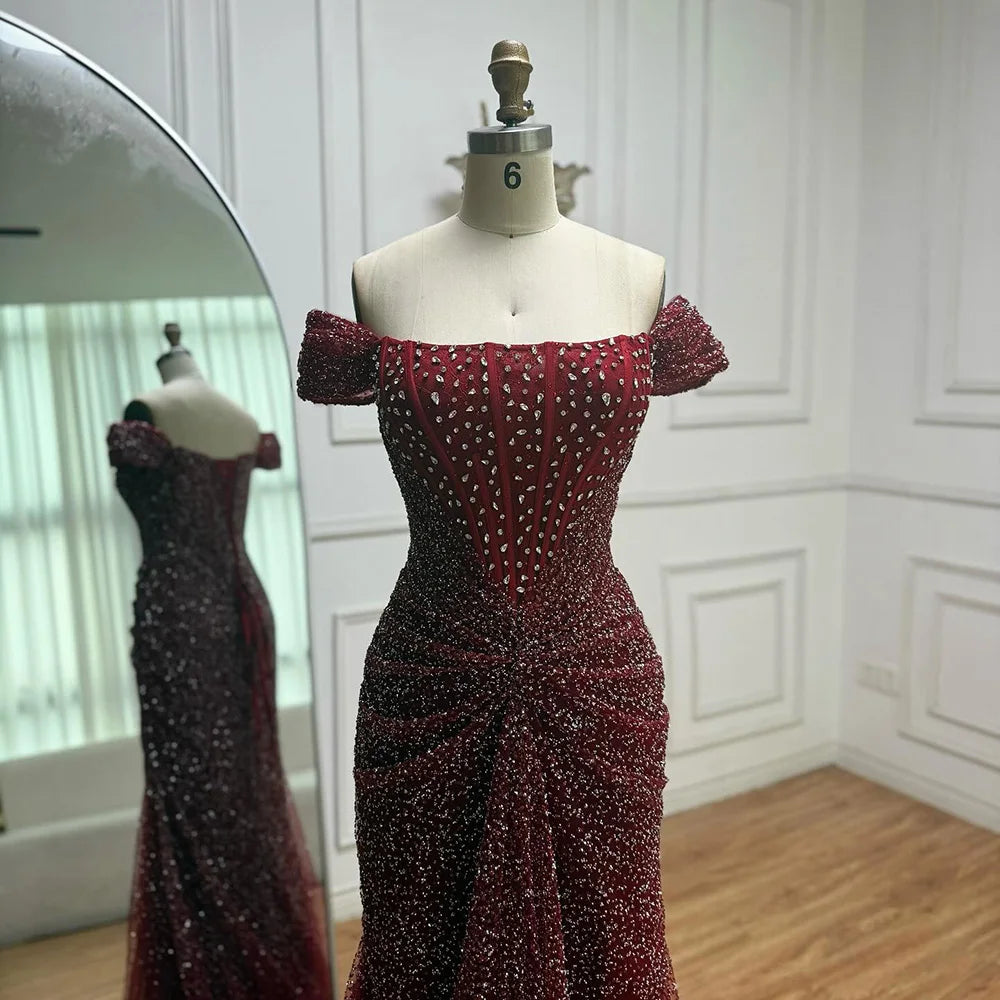 Luxury Designer Beaded Silver Nude Mermaid Evening Dress LA72905