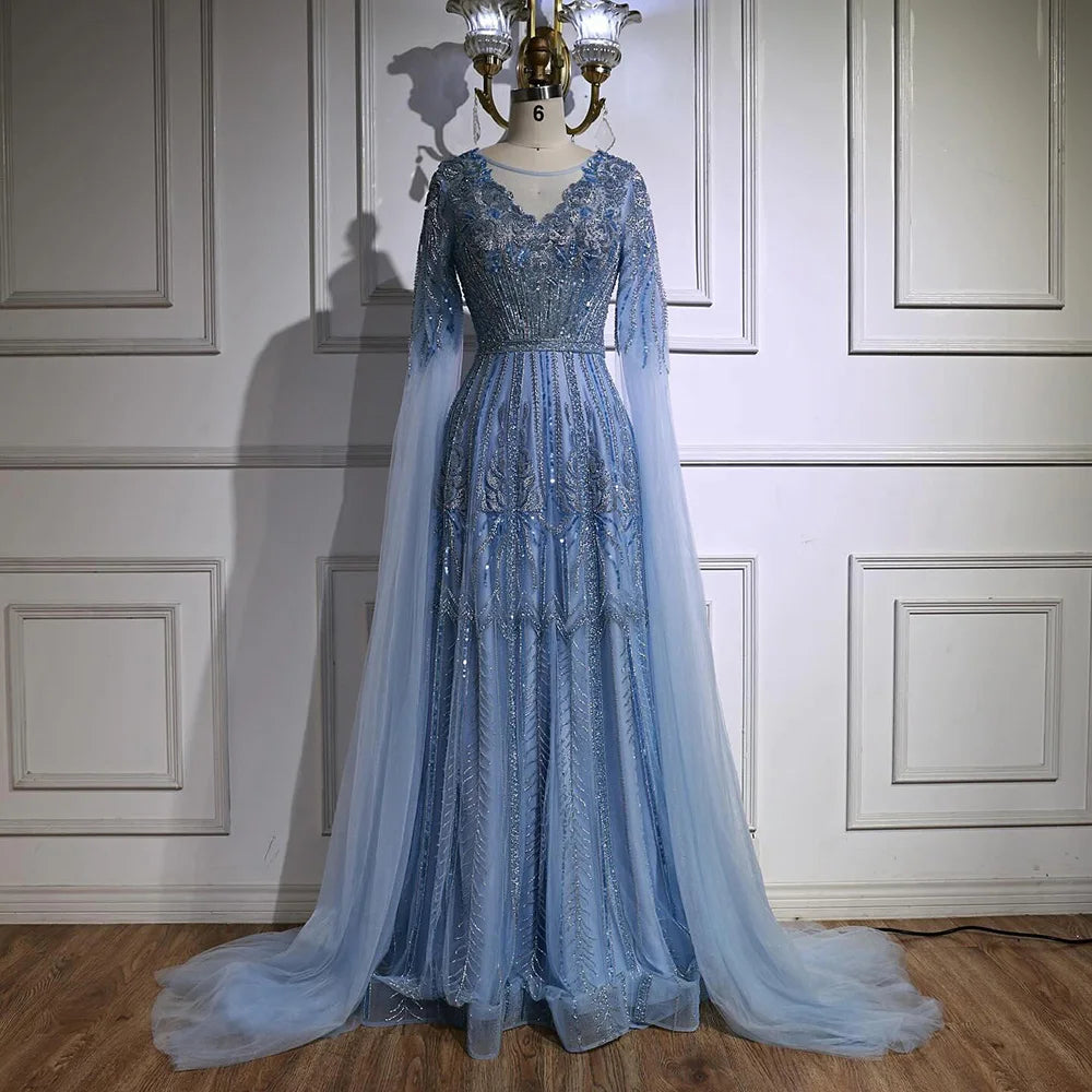 Elegant Beaded A-Line Evening Dress with Cape Sleeves LA73056