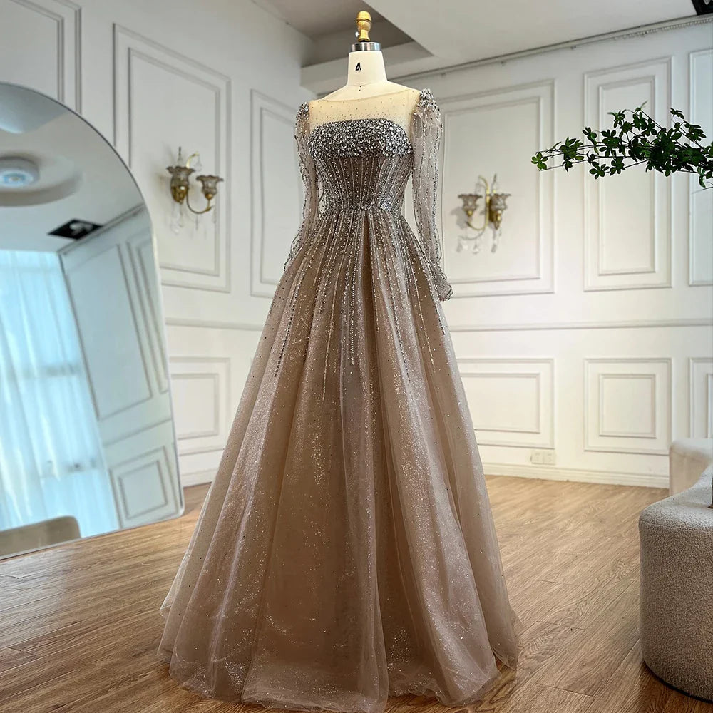 Luxury Caramel Sparkly A-Line Evening Dress with Long Sleeves LA72991