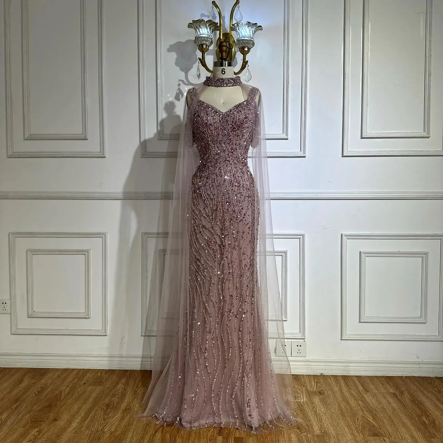 Luxury Caramel Beaded Mermaid Evening Gown with Cape Sleeves LA72921