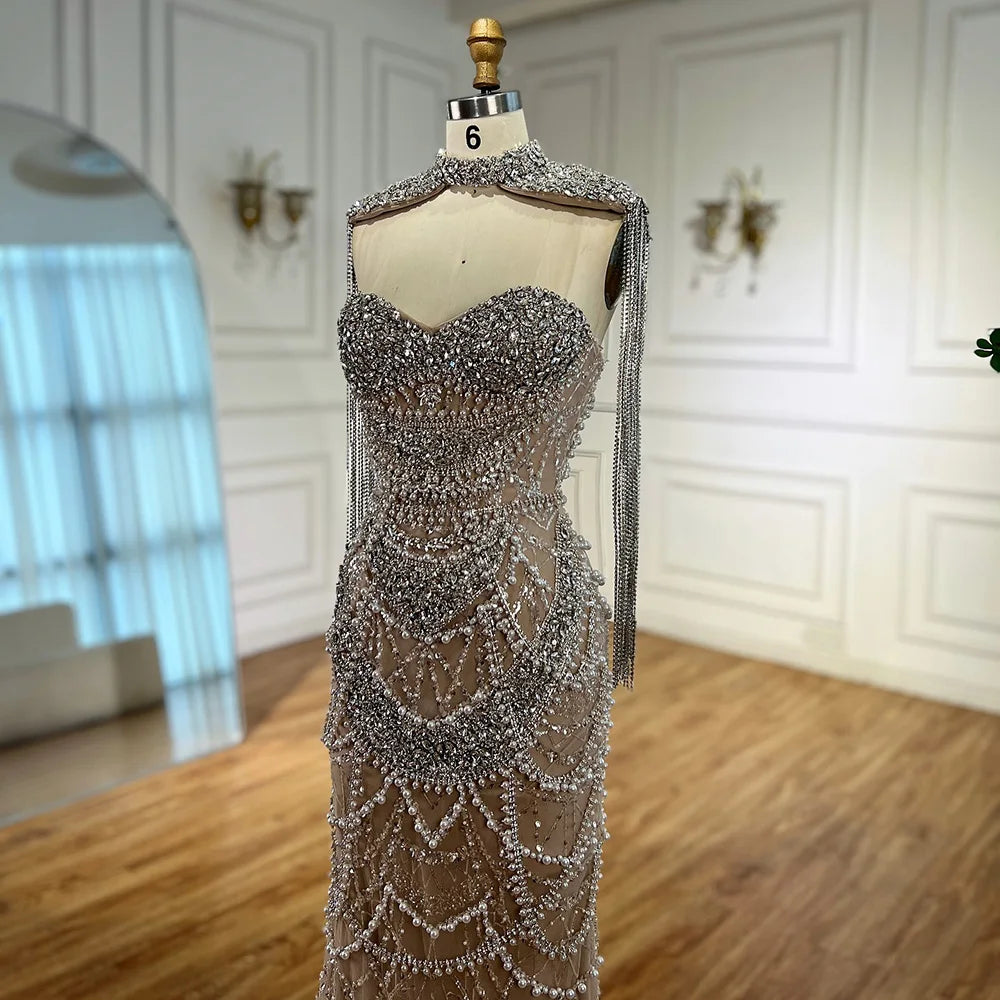 Luxury Nude Beaded Evening Dress with Tassel Short Cape LA72876