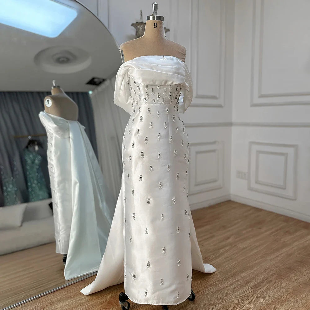 Serene Hill 2025 Arabic Blue Beaded Crystal Ankle-Length Mermaid Satin Evening Dresses Gowns for Women Wedding Party LA72414A