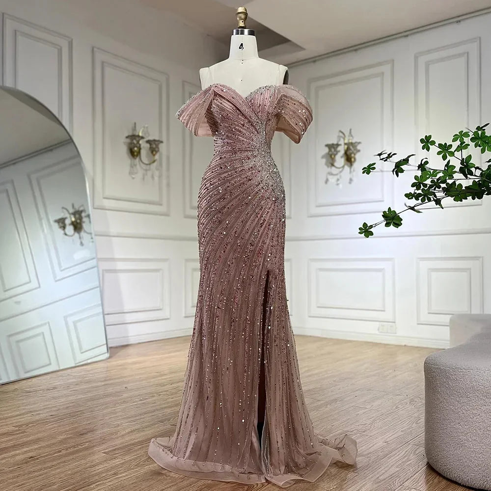 Serene Hill Off The Shoulder Pink Mermaid Beaded Luxury Evening Dress with Side Split for Formal Occasion Saudi LA72481