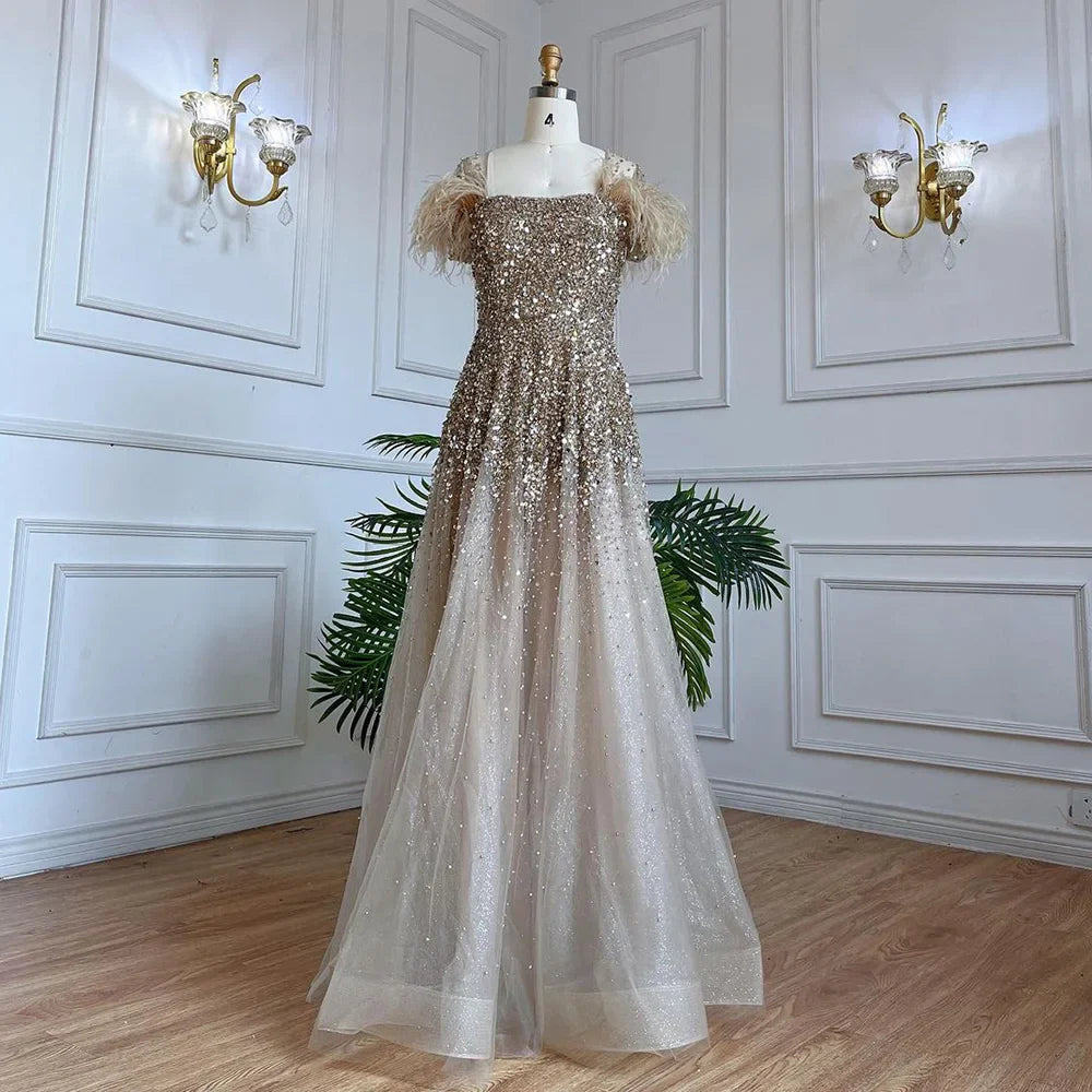 Luxury Caramel Feather Beaded A-Line Evening Dress LA71720